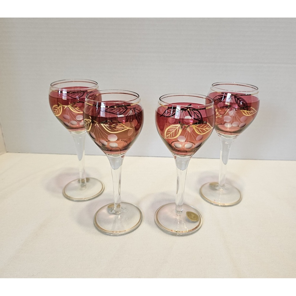 Vintage Cranberry Wine Glasses 4 Gold Leaf Designs Rumania 6"H